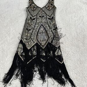 Metme Womens Flapper Black Dress Small 1920s Gatsby Sequin Fringe Costume Fun